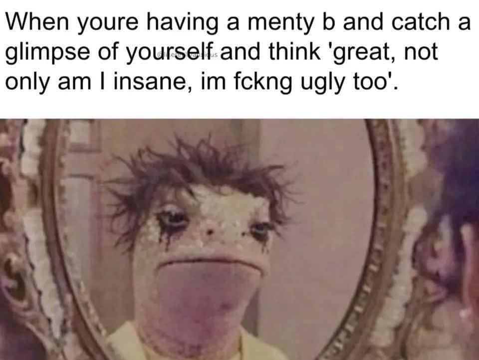 A "menty b" (mental breakdown) classic meme featuring a cursed-looking, disheveled lizard puppet looking in a mirror with smeared mascara, realizing they are both "insane" and "fckng ugly."