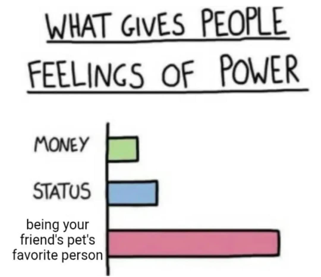 A classic meme bar graph titled "What gives people feelings of power," showing "Money" and "Status" as low bars, while "being your friend's pet's favorite person" is off the charts.