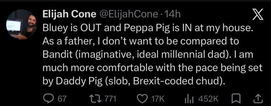 A parenting classic meme tweet from Elijah Cone explaining why he prefers Peppa Pig over Bluey, because he’d rather be compared to the "slob" Daddy Pig than the "ideal millennial dad" Bandit.