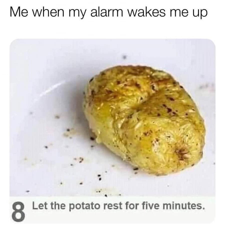 A shriveled, seasoned baked potato resting on a white ceramic dish acts as a flawless visual metaphor in a classic meme about a recipe instruction telling a resting potato to stay still for five minutes after the morning alarm goes off.