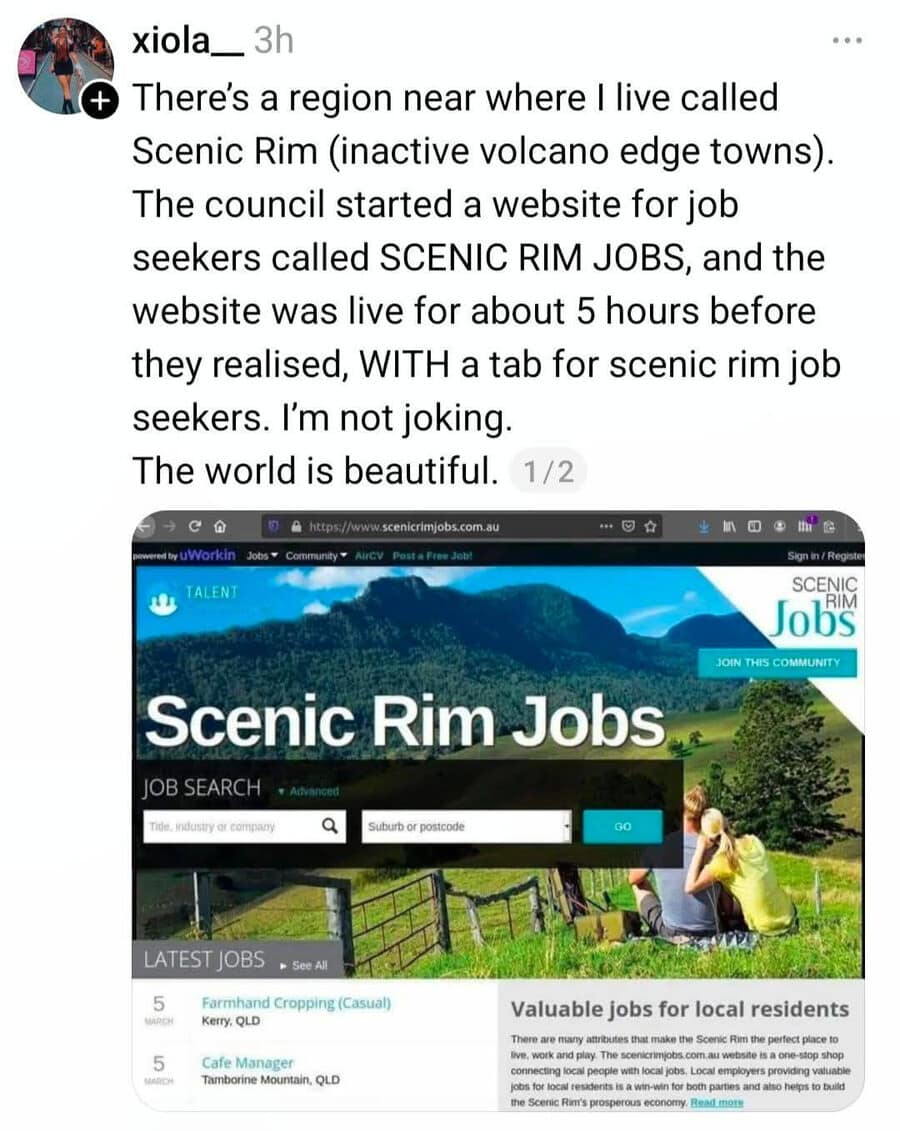 A viral local news tweet by user xiola highlights an oversight where an Australian regional council accidentally launched a employment recruitment board under the suggestive domain name Scenic Rim Jobs.