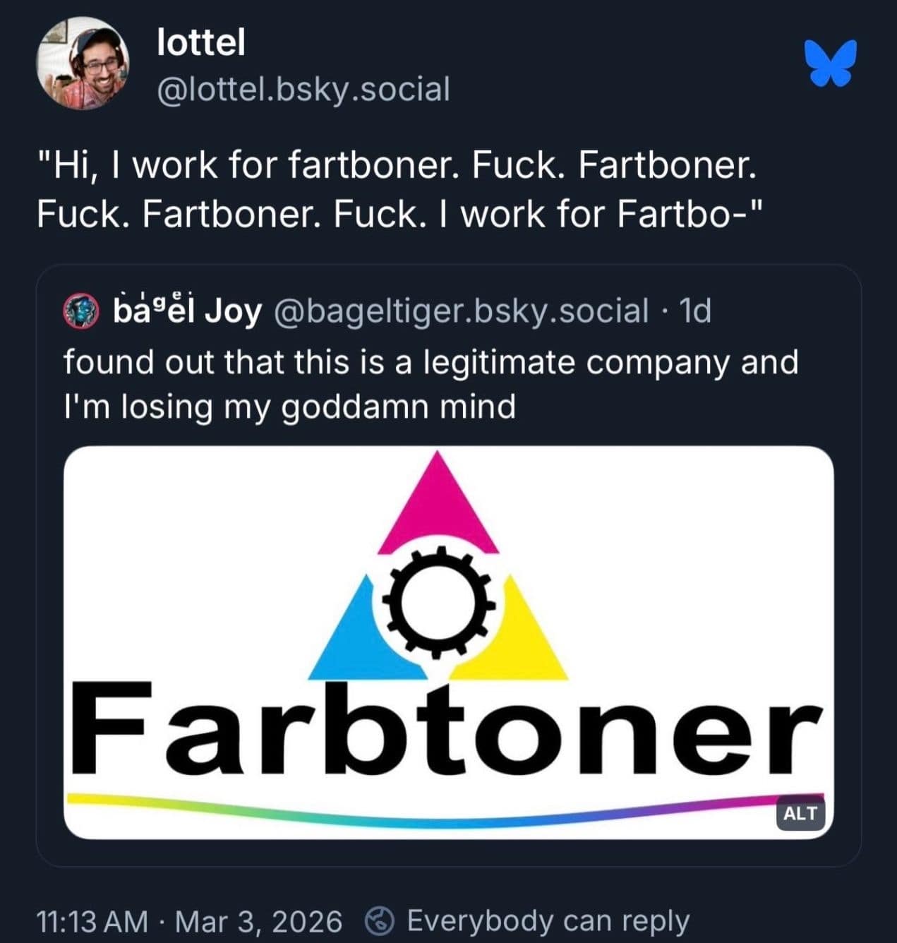 A corporate logo design for German printing toner brand "Farbtoner" triggers an unhinged, phonetic spelling breakdown on social media in a viral classic meme.