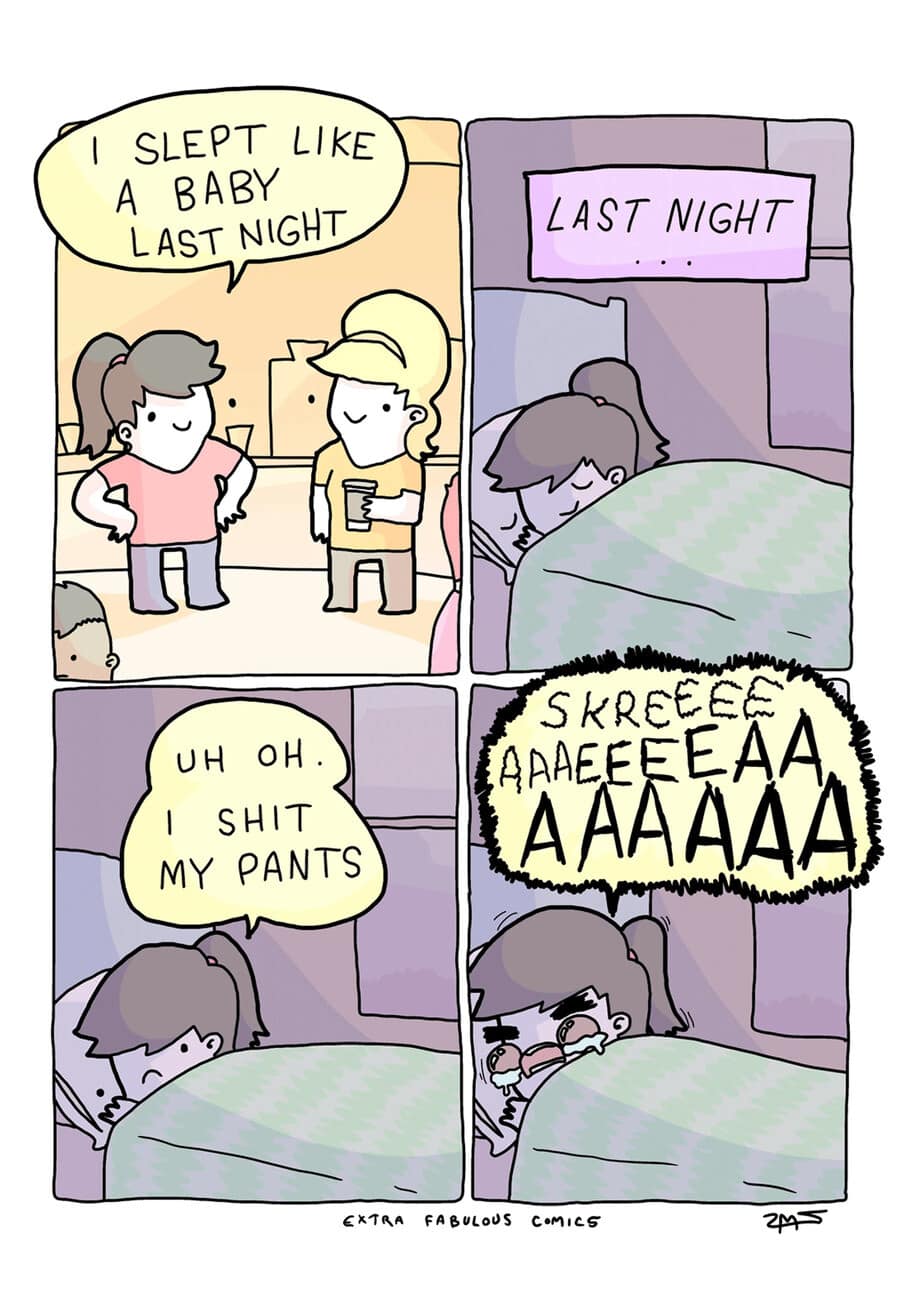 A comic strip provides a literal and terrifying interpretation of what it actually means to sleep like a baby in this classic meme.
