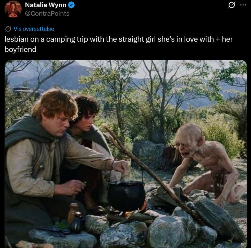 A campsite cooking scene from The Lord of the Rings featuring Frodo, Samwise, and Gollum is hilariously recontextualized by creator ContraPoints to describe a highly chaotic relationship dynamic.