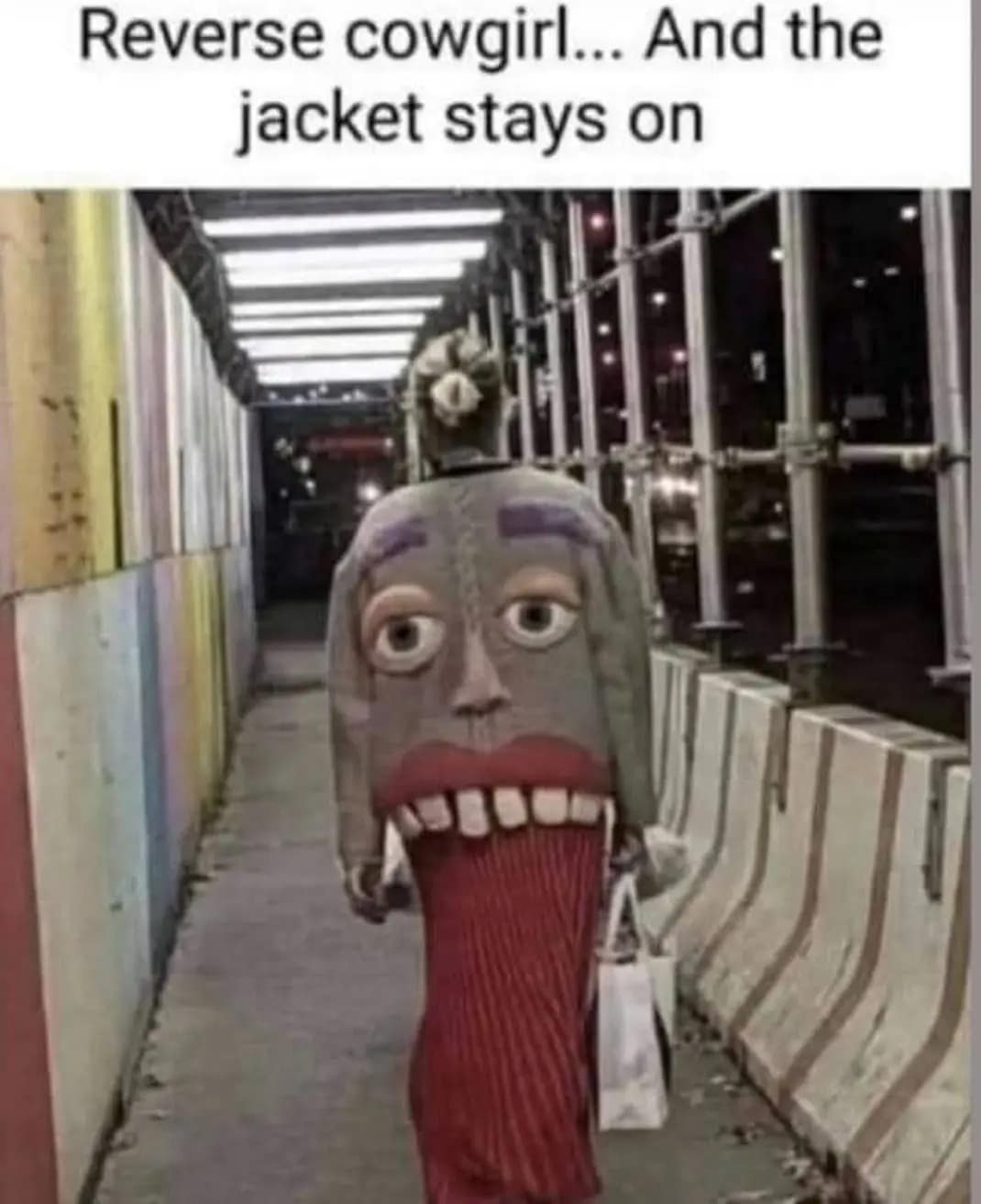 A surreal classic meme showing a woman from behind wearing a grey jacket that features a giant, buck-toothed face design that looks like it is screaming.