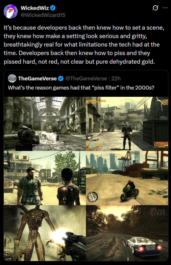 A classic meme collage of iconic 2000s video games like Gears of War and Resident Evil 5, highlighting the era's pervasive "piss filter" sepia color palette.