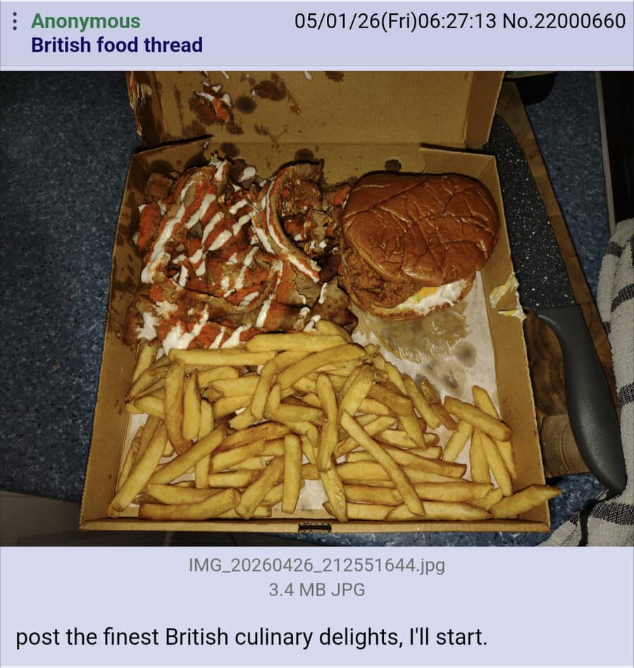 A satirical classic meme from a "British food thread" featuring a greasy box of "culinary delights" consisting of a mountain of fries, donor meat drenched in sauce, and a sad fried chicken burger.