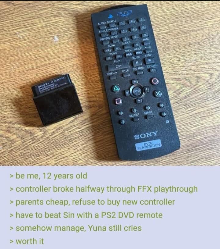 A Sony PlayStation 2 DVD remote paired with a 4chan story about beating Final Fantasy X with it, a legendary gaming classic meme.