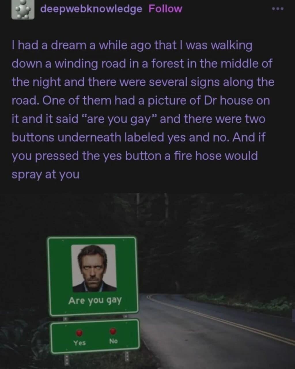 A surreal classic meme describing a dream about a forest road sign featuring Dr. House asking "Are you gay" with a "Yes" button that triggers a fire hose spray.