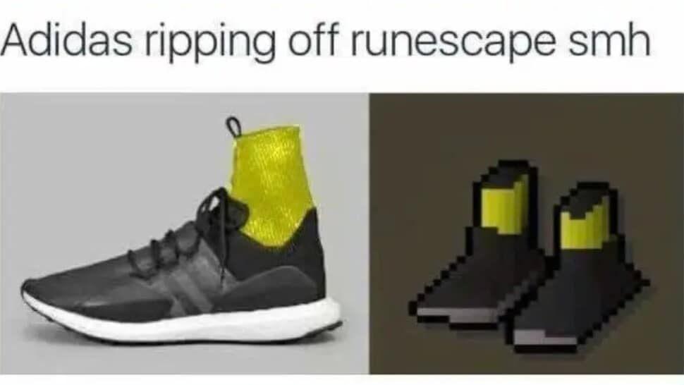 A side-by-side comparison layout highlights a modern black-and-yellow Adidas sneaker next to a low-polygon retro item icon from the online video game RuneScape in a funny classic meme.