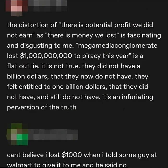 A sharp intellectual economic debate screenshot from the vault of classic memes contrasts a text argument about corporate piracy profit losses against a sarcastic reply comparing unearned corporate profits to failing to rob a stranger at Walmart.