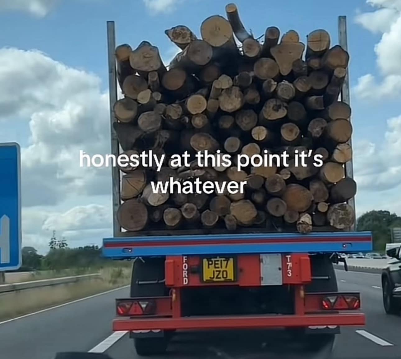 A truck on a highway carries a massive, precariously stacked load of logs, personifying the chaotic energy of a classic meme about total resignation.