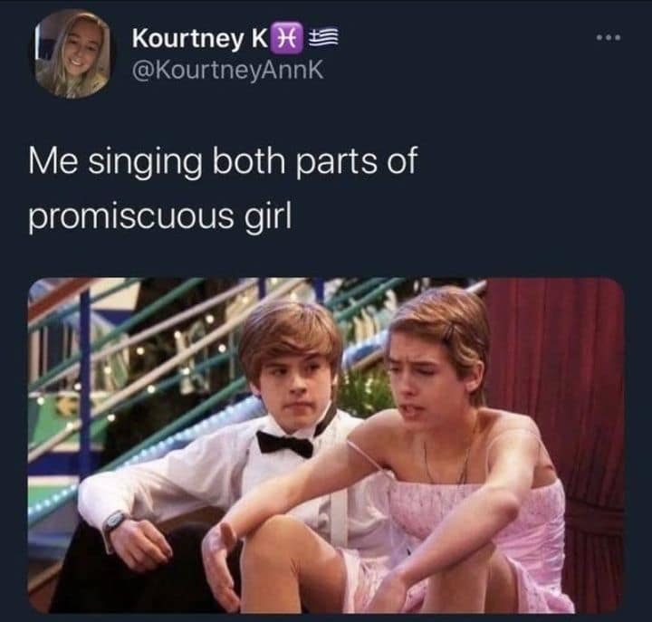 A nostalgic classic meme showing Dylan and Cole Sprouse as Zack and Cody on a set; Dylan is in a tuxedo while Cole is in a pink dress, used to illustrate the duality of singing both Nelly Furtado and Timbaland's parts in "Promiscuous Girl."