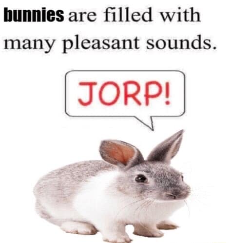 A classic meme formatted as a surreal text graphic showing a white and grey rabbit with a bold red speech bubble that reads "JORP!" under the heading text "bunnies are filled with many pleasant sounds."