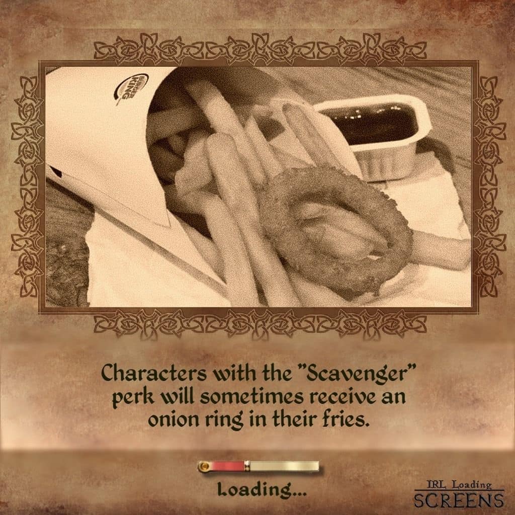 A sepia-toned fake video game loading screen details a fast-food order of Burger King french fries containing a single accidental onion ring, framing a popular classic meme.