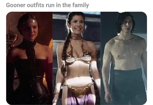 A three-panel Star Wars wardrobe comparison layout highlights the internet-infamous risqué outfits of Padmé Amidala, Princess Leia, and a shirtless Kylo Ren to joke about lineage fashion choices in a classic meme.