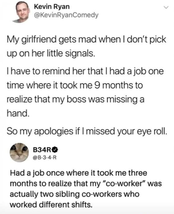 A social media thread about being hilariously unobservant at work, exemplifying the relatable storytelling found in many old memes.