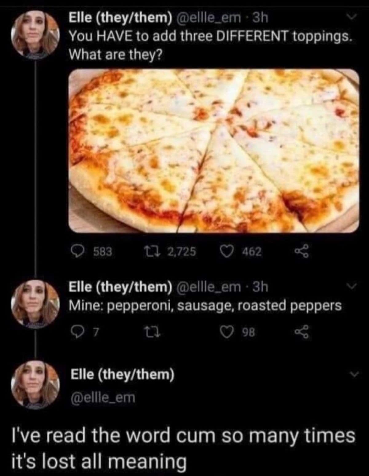 A Twitter thread that has become a classic meme, showing a pizza topping debate that takes a dark and absurd turn, resulting in the realization that a certain word has lost all meaning.