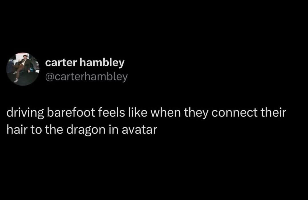 classic meme tweet by carter hambley stating that driving a car barefoot feels like the neural hair-link connection to a banshee/dragon in the movie Avatar.
