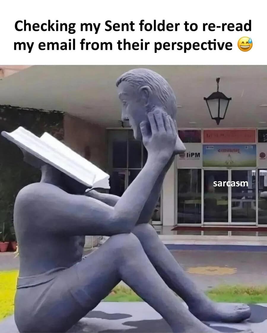 A surreal classic meme featuring a stone sculpture of a figure with an open book for a head, representing the intense self-reflection of checking your "Sent" folder to re-read an email from the recipient's perspective.