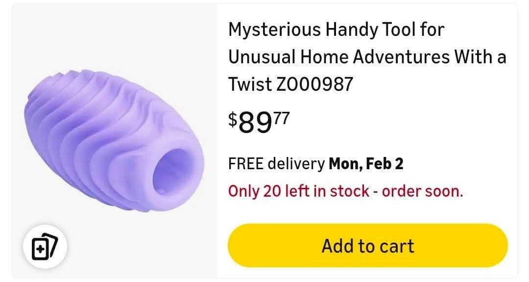 A bizarre retail classic meme showing an online listing for a purple, ribbed silicone sleeve titled "Mysterious Handy Tool for Unusual Home Adventures With a Twist," using extreme euphemisms to describe an adult product.