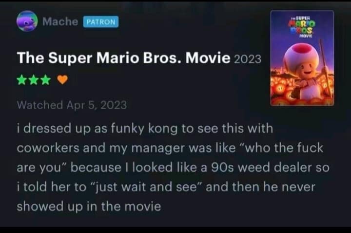 A hilarious Letterboxd movie review of The Super Mario Bros. Movie tracks a user who dressed up as Funky Kong to see the film with their manager, only to realize the character never makes a cameo.