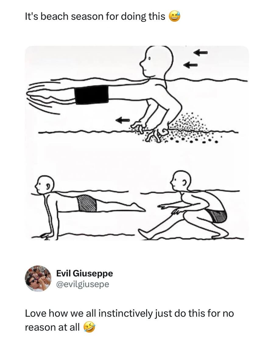 A line-drawing instructional diagram illustrates a person dragging themselves like a crocodile along the shallow sandy ocean floor, shared as a universally relatable classic meme about beach instincts.