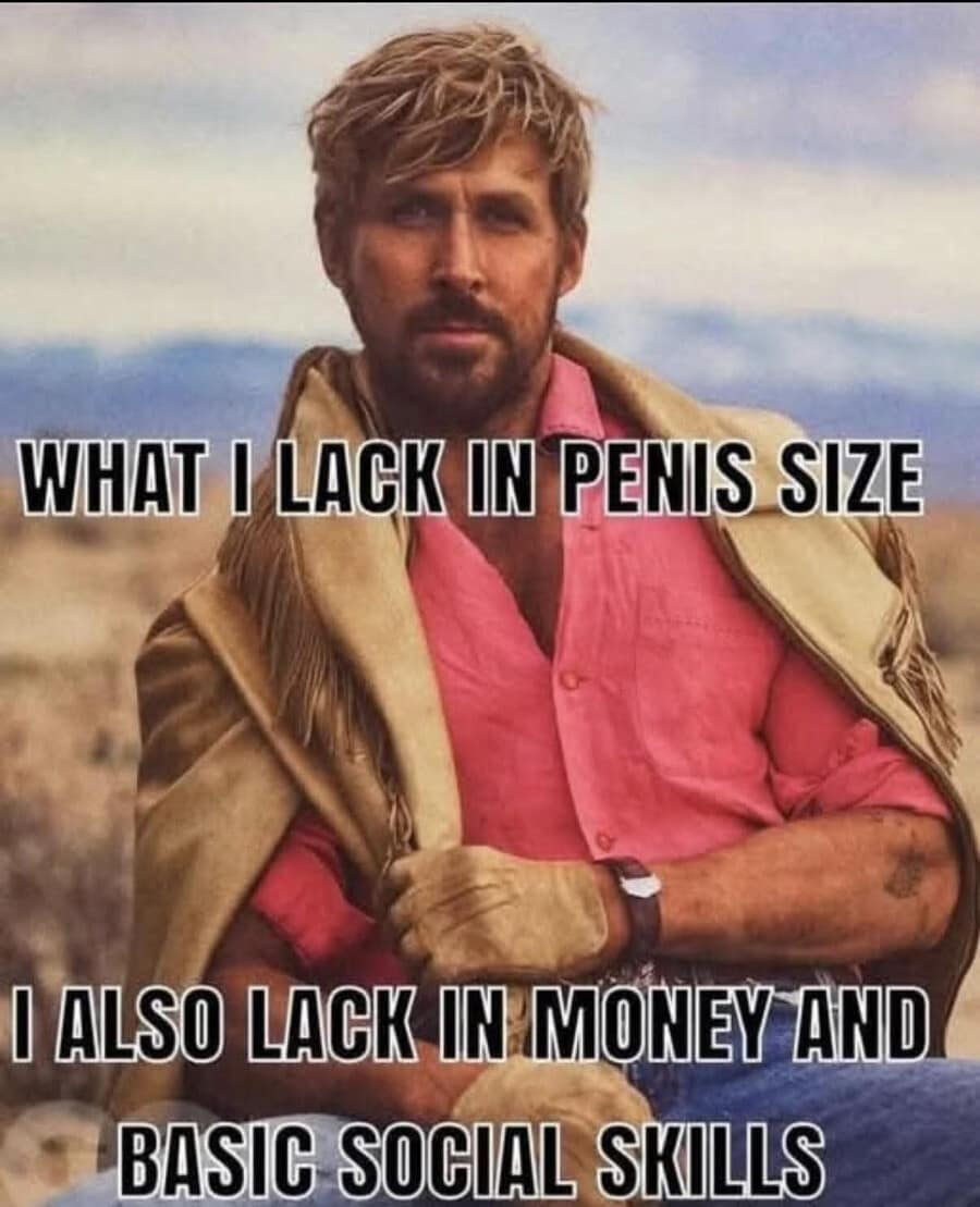 A self-deprecating image macro functions as a popular classic meme, showcasing actor Ryan Gosling as Ken in a rugged western fringe vest under bold text detailing a simultaneous lack of anatomical size, money, and basic social skills.