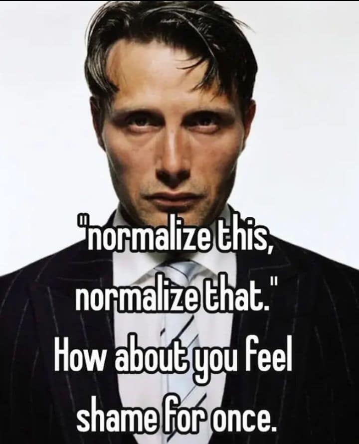 Actor Mads Mikkelsen in a sharp suit stares intensely in this classic meme that critiques the "normalize everything" culture by suggesting people should feel shame instead.