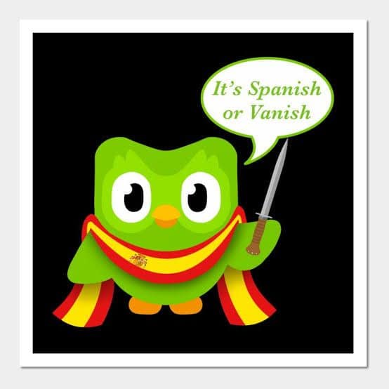 aggressive classic meme featuring the Duolingo owl mascot, Duo, holding a dagger and wearing a Spanish flag sash, with a speech bubble that reads: "It's Spanish or Vanish."