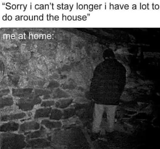 A dark, grainy classic meme showing a person in a jacket standing alone in a dark basement, facing away from the camera and staring directly into a creepy stone wall corner, paired with text about having a lot of chores to do around the house.