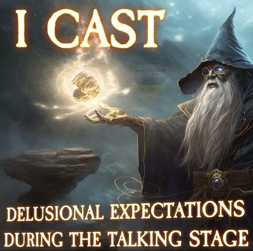 A high-fantasy wizard casting a brilliant spell of energy illustrates a relatable classic meme about jumping to wild conclusions early in a romantic relationship.