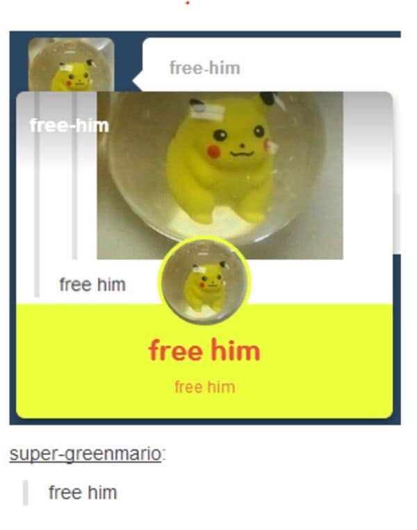 A surreal Tumblr classic meme showing a tiny Pikachu toy trapped inside a clear bouncy ball, with dozens of overlapping "free him" tags creating a visual prison of text.