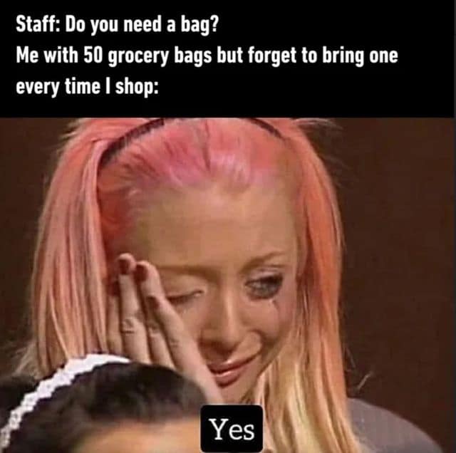 A close-up screenshot of a distressed woman crying highlights a highly popular classic meme about the sheer internal shame of buying another single-use plastic bag because you left fifty reusable bags at home.