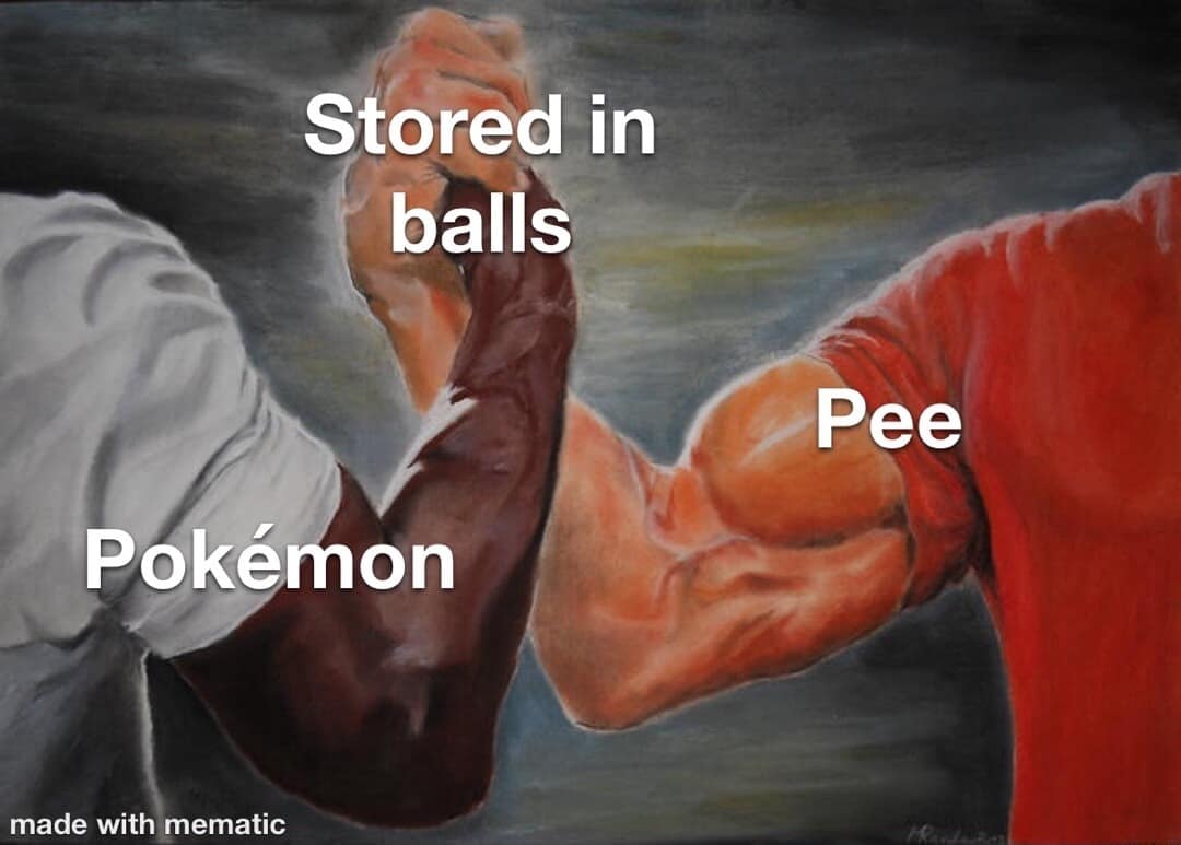 An iconic "Epic Handshake" classic meme painting where two muscular arms meet in the middle; one is labeled "Pokémon," the other is labeled "Pee," and the center point is labeled "Stored in balls."