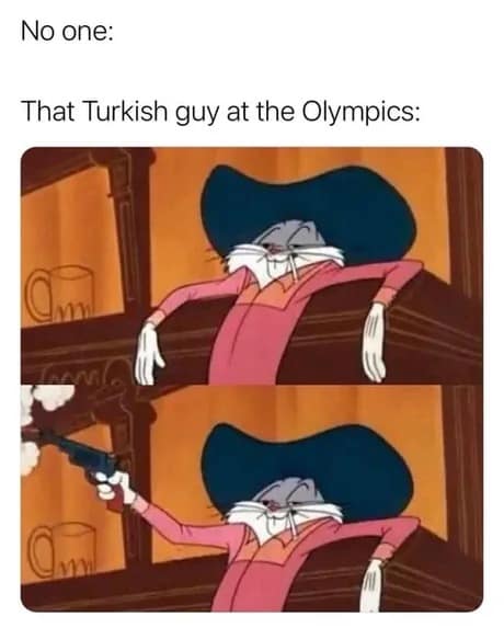 Bugs Bunny dressed as a cowboy cowboy firing a revolver with absolute casual nonchalance serves as a perfect comparison to a famous Turkish Olympic shooter in a trending classic meme.