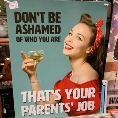 A vintage-styled quote poster operates as one of the best memes for family dynamics, showing an illustrated mid-century pin-up woman smiling with a cocktail next to the bold text, "DON'T BE ASHAMED OF WHO YOU ARE. THAT'S YOUR PARENTS' JOB."