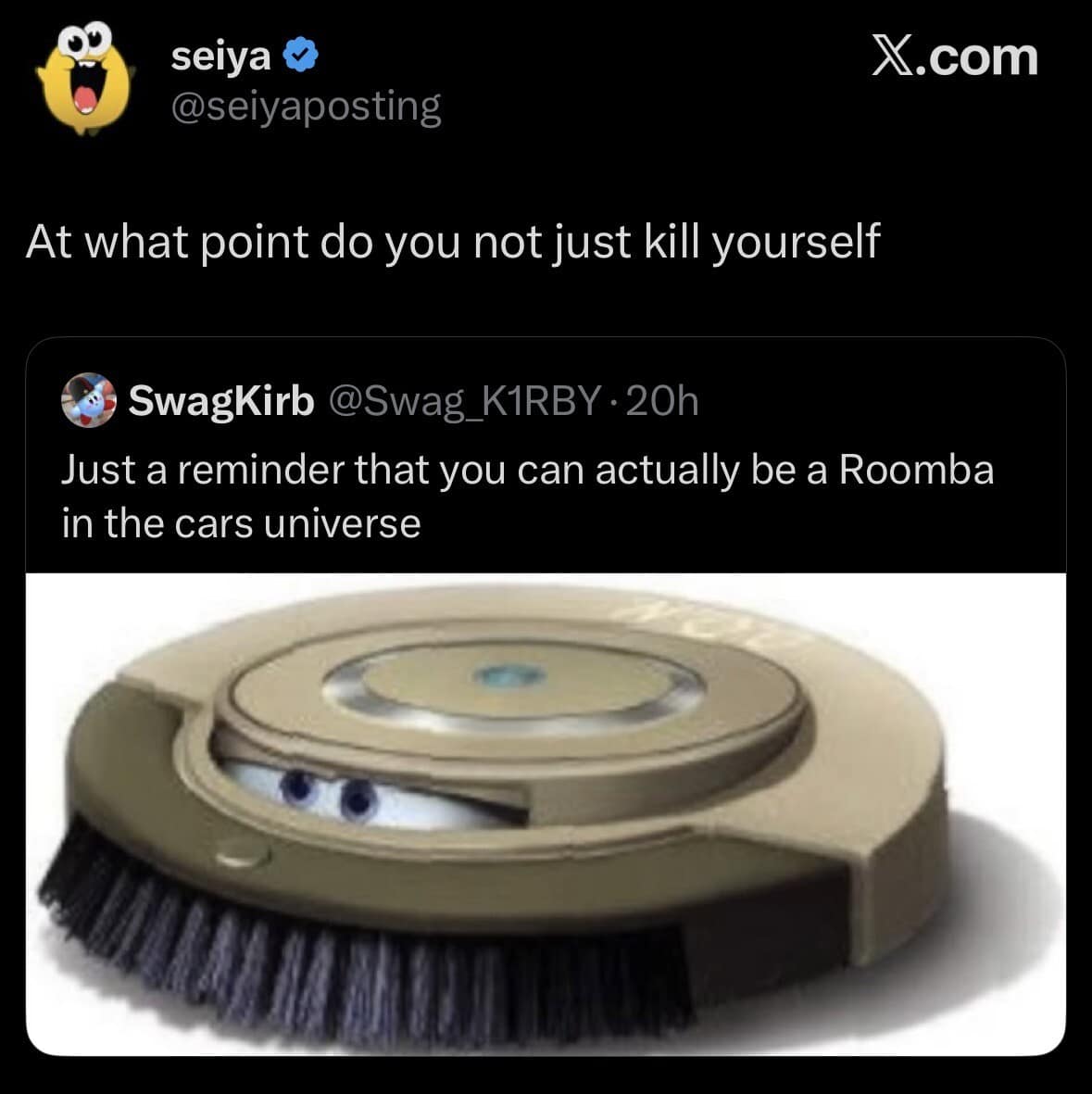 A custom character design of a living Roomba vacuum cleaner from the Pixar Cars cinematic universe sparks a dark, existential text exchange in this Twitter-based classic meme.
