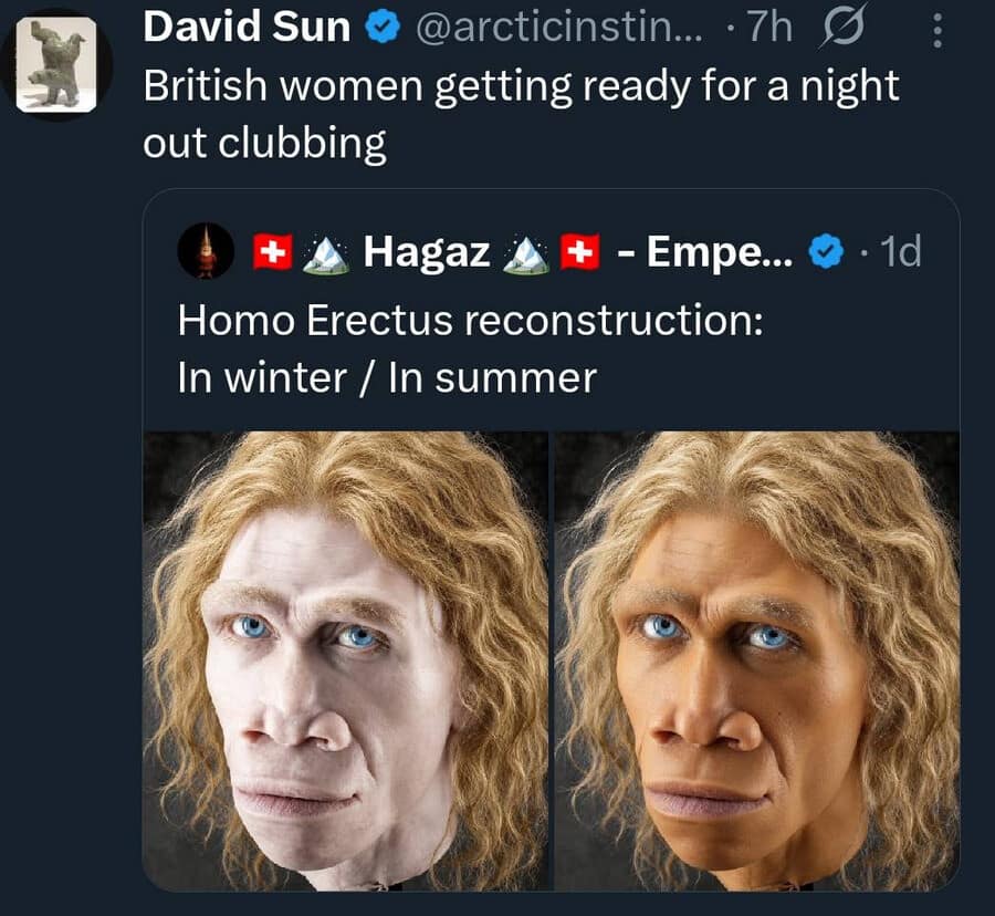 An anthropological Homo Erectus evolutionary facial reconstruction is paired with a clever social media caption parodying British women's summer fake tan culture to create one of the best memes on the timeline.