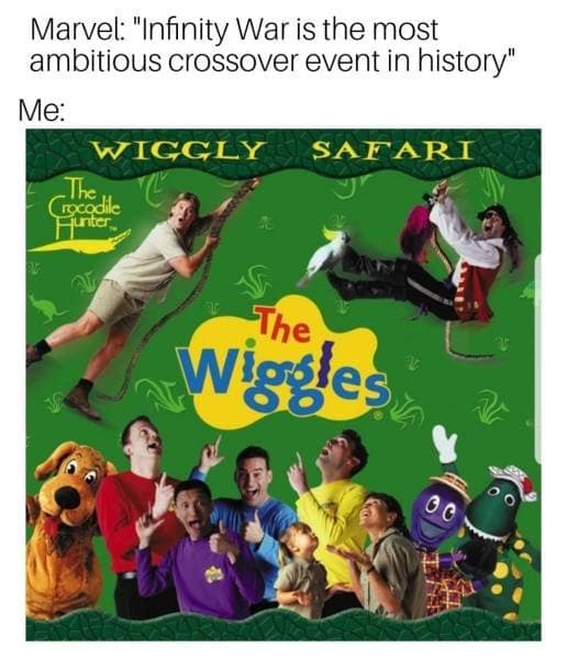 A pop-culture mashup graphic belonging to the hall of classic memes subverts Marvel's "most ambitious crossover" claim by highlighting the vintage "Wiggly Safari" media cover featuring Steve Irwin the Crocodile Hunter alongside the original lineup of The Wiggles.