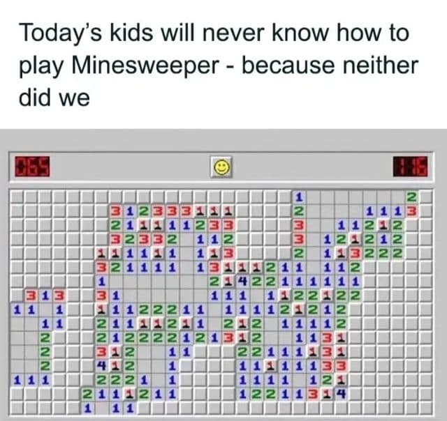 A screenshot of the game Minesweeper accompanies a classic meme about how no generation actually understood the rules of the game.