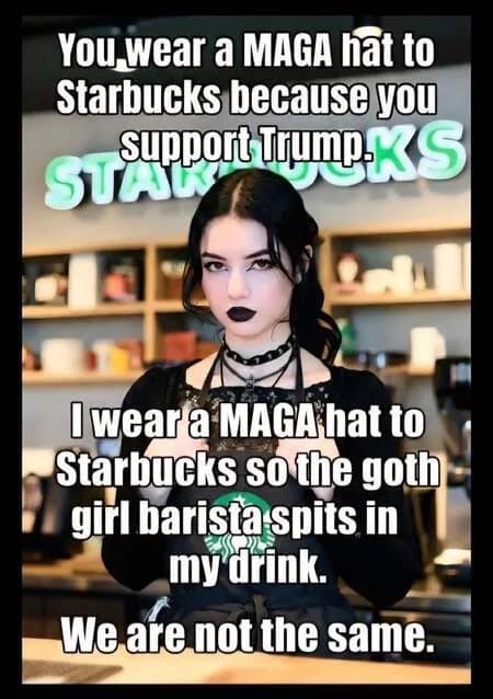 classic meme using an image of a goth barista. The text contrasts supporting a political candidate with wearing a hat just to get a specific reaction from the "goth girl barista."