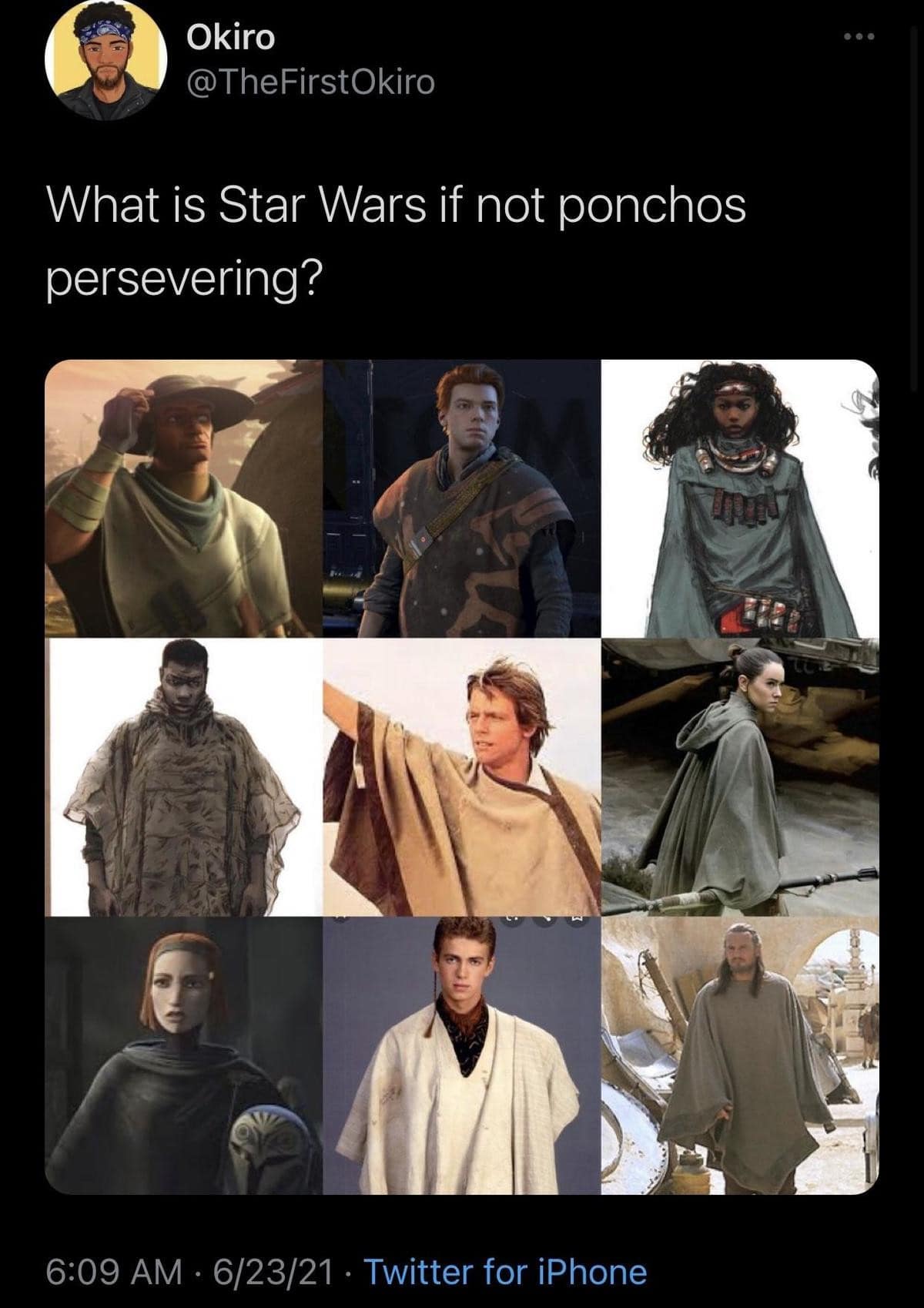 A classic meme collage featuring various Star Wars characters like Luke, Rey, and Cal Kestis all wearing different ponchos, captioned with a parody of the Vision’s line: "What is Star Wars if not ponchos persevering?"