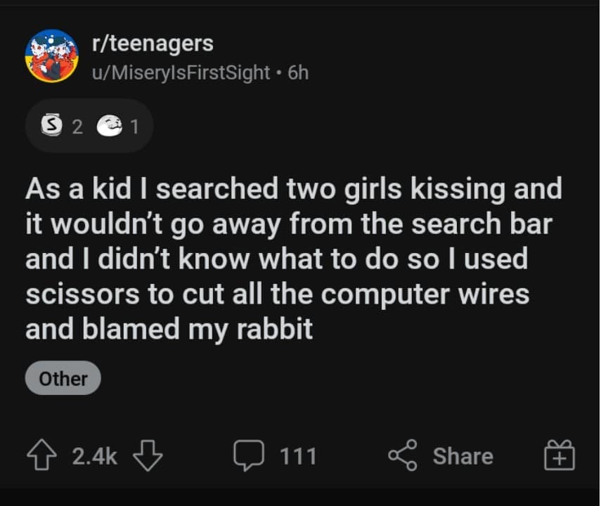 classic meme screenshot of a text post from the teenagers subreddit recounting a childhood story about using scissors to cut all the computer cords to hide an embarrassing search history entry and pinning the blame on the pet rabbit.
