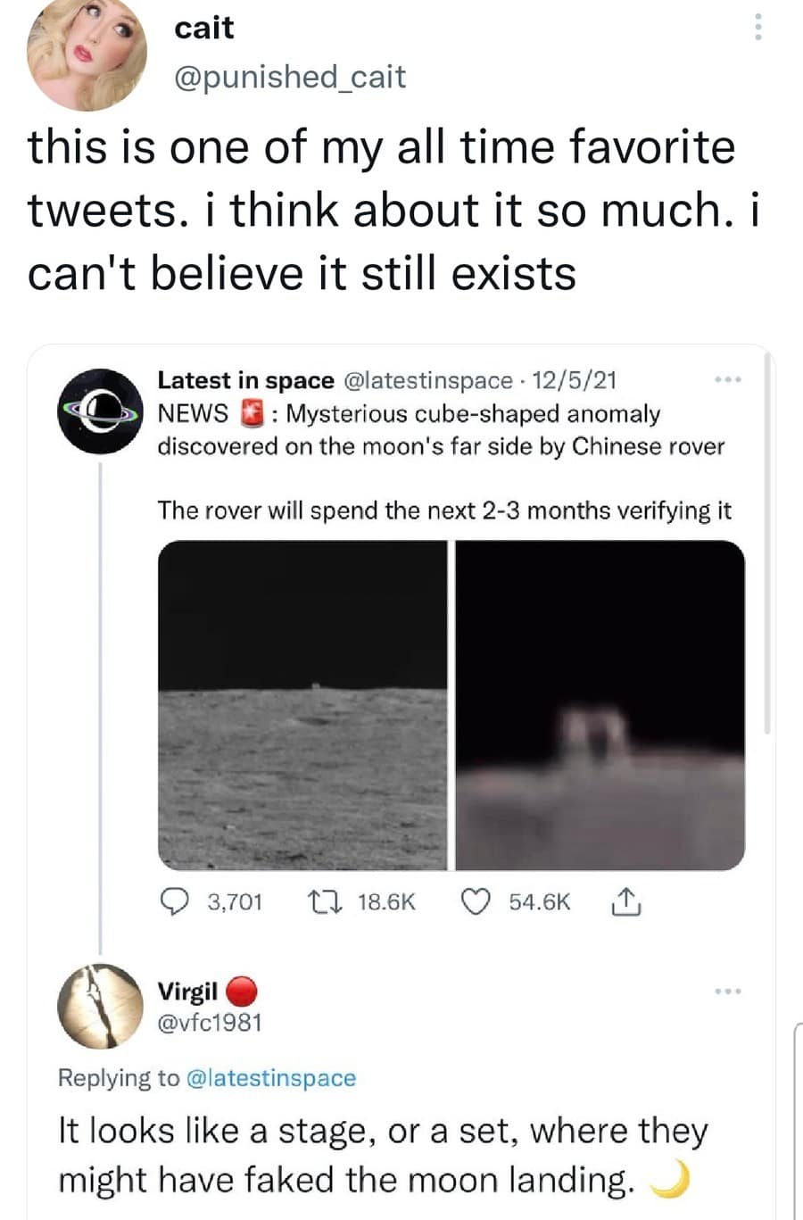 A lunar surface photo capturing a distant cube anomaly discovered by a rover gets a hilarious conspiracy theory reply about faking the moon landing on a popular classic meme.