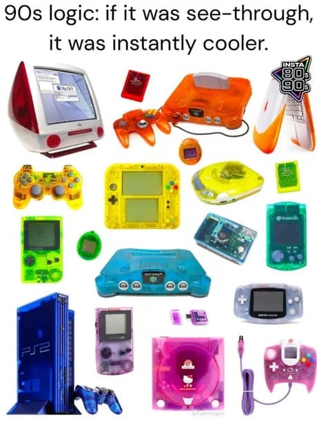 A nostalgia-filled classic memes collage showing transparent tech from the 90s, including iMacs, Gameboys, and N64s under the banner of "90s logic."