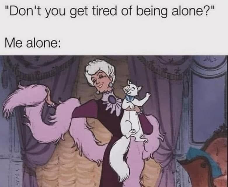 A vintage animated screenshot from Disney's The Aristocats functions as a wholesome classic meme celebrating solo introverted living, showing an elegant woman draped in a pink feather boa cradling her white cat.