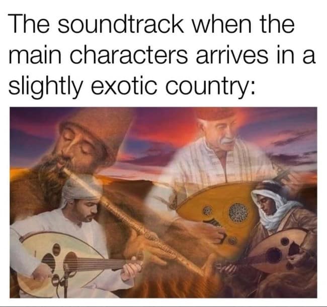 A faded collage of Middle Eastern men playing Ouds against a desert sunset, serving as a classical art meme mocking Hollywood’s overused musical tropes for "exotic" locations.