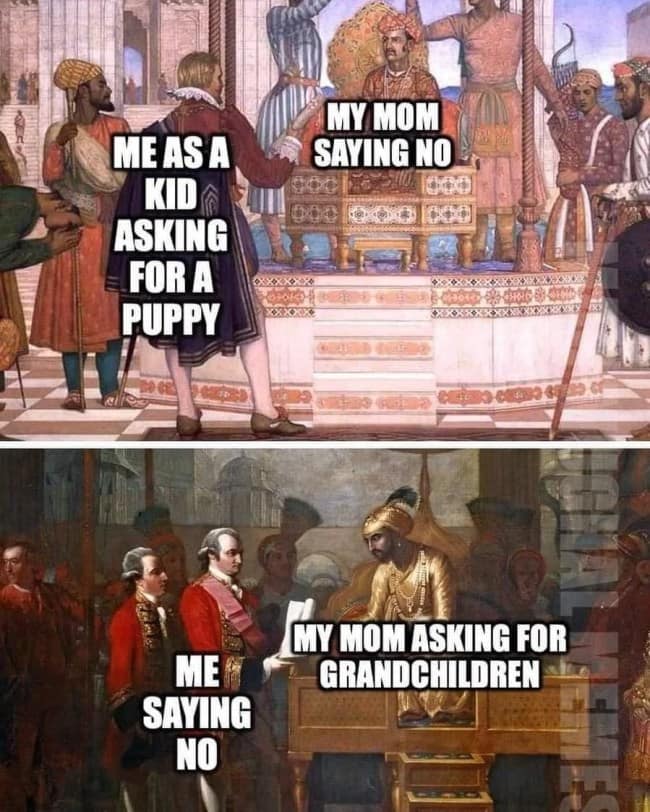A two-panel classical art meme comparing a childhood request for a puppy met with a "no" to a mother's later request for grandchildren being met with the same rejection.