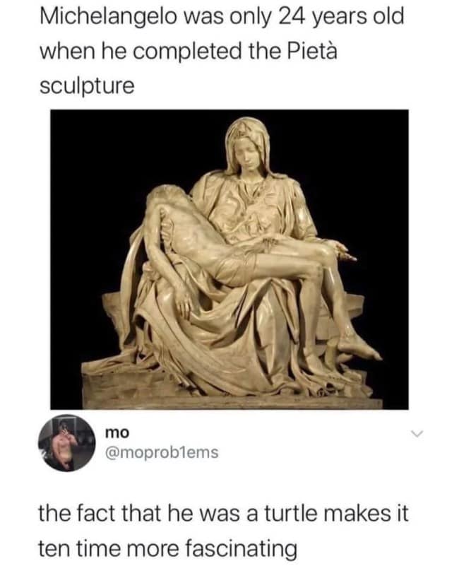 classical art meme showing Michelangelo’s famous "Pietà" sculpture of Mary holding Jesus, with a social media comment noting that while he was only 24 when he finished it, the fact that he was a Teenage Mutant Ninja Turtle makes the achievement even more impressive.